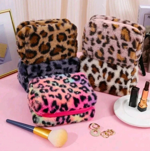 Small ladies pink rainbow leopard print bright colored makeup bag travel size - Picture 3 of 4
